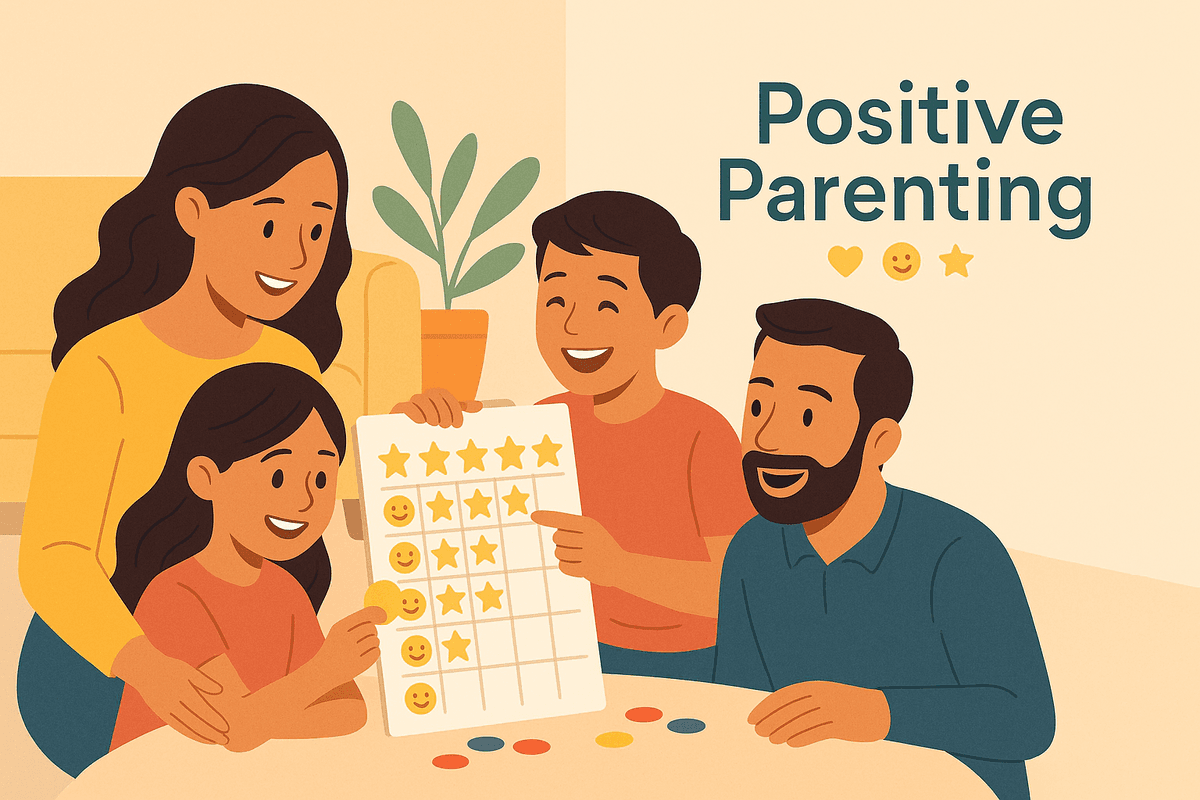 Happy family using reward system for positive parenting